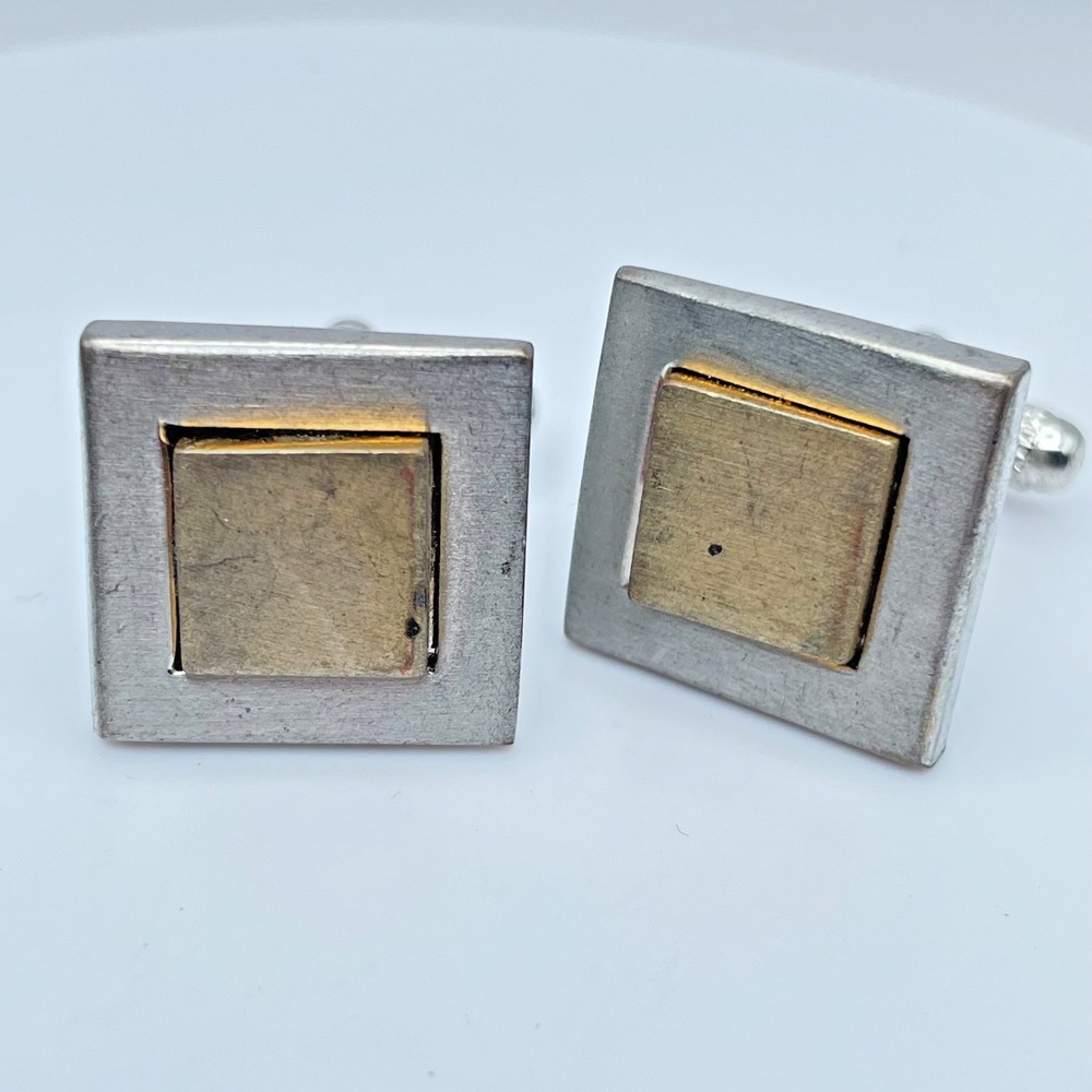 Vintage 1950s-1960s Two-Tone Brushed Finishes Metal Square Bullet Back Cufflinks